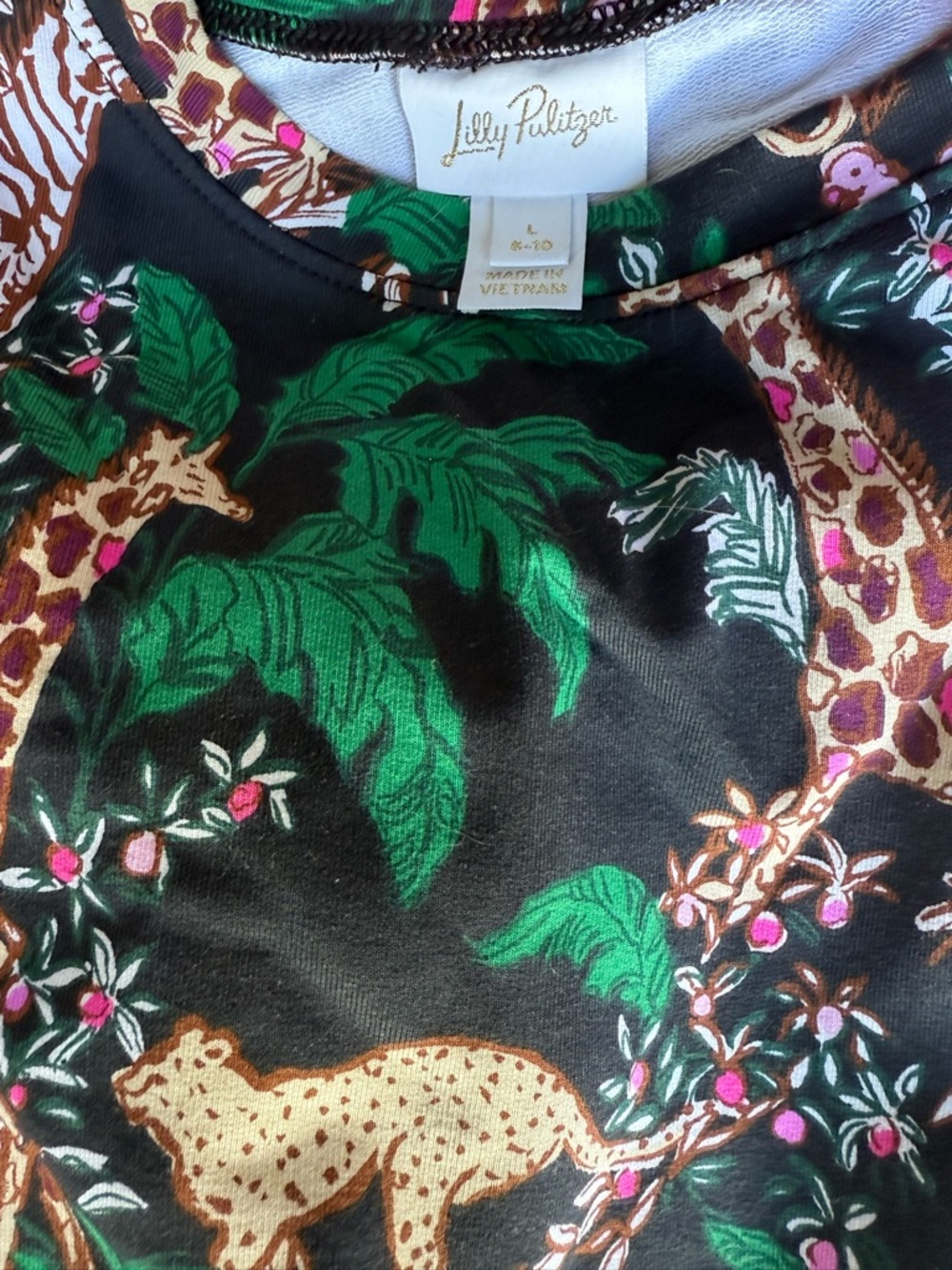 Lilly Pulitzer Black girls dress with Green Tropical Leaves, Tan Leopard & Pink